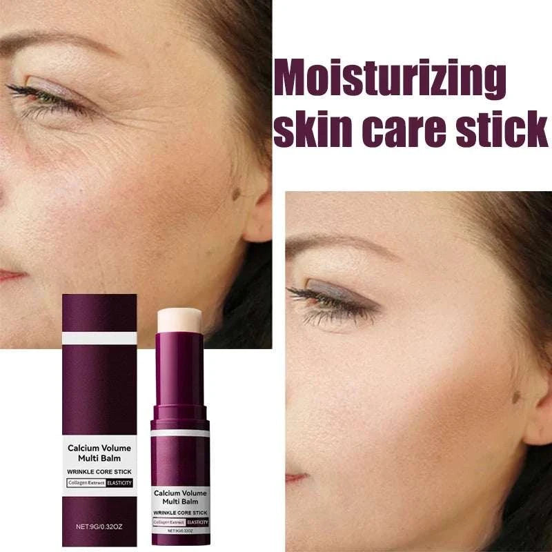 Wrinkle Bounce Moisturizing balm stick in a deep purple tube, shown with a creamy white skincare balm tip