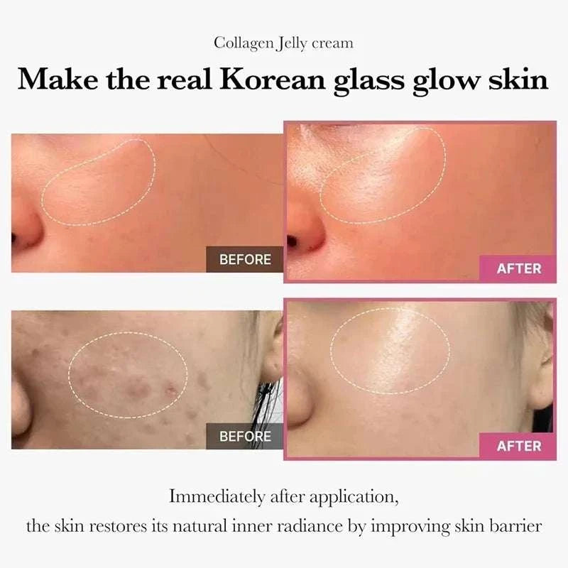 Glow & Lifted Collagen Jelly Cream skincare product showing before-and-after radiant, smoother-looking facial skin results