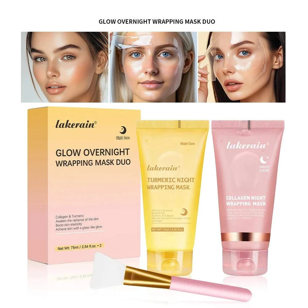 Overnight Wrapping Peel-Off Mask duo with yellow turmeric and pink collagen tubes, brush applicator, and gradient box