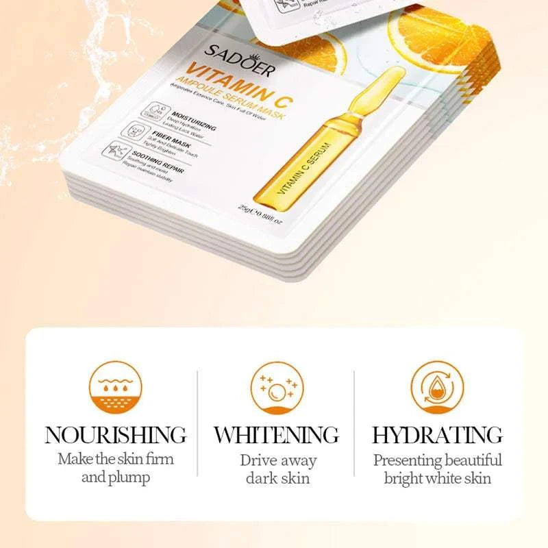 24K Gold Face Mask sheet with vitamin C serum, orange graphics, and nourishing, brightening, hydrating benefits listed