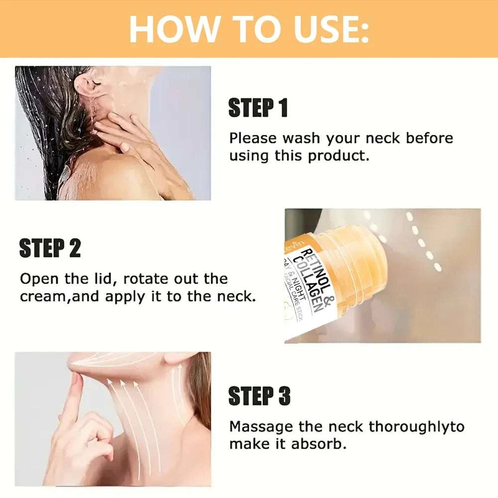 Retinol and Collagen neck cream in a clear jar, shown with illustrated application steps for firming skincare