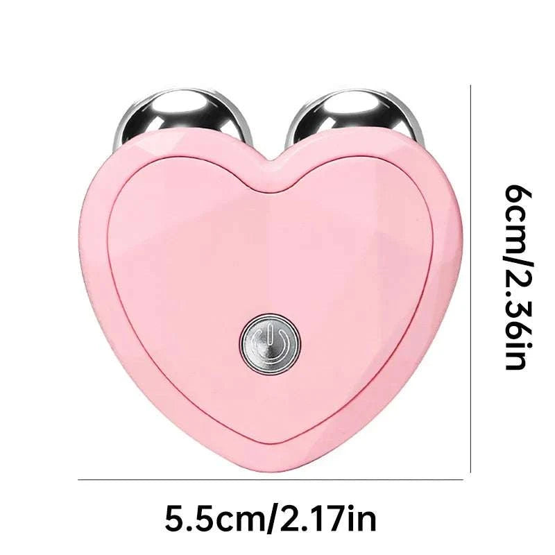 Microcurrent Face Beauty Instrument, pink heart-shaped design with twin chrome massage rollers and power button