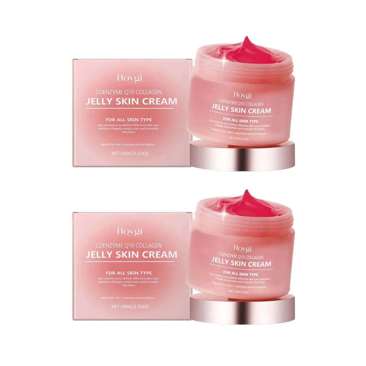 Collagen Jelly Cream in pink jars with matching boxes, featuring a glossy red jelly texture and rose-gold lids