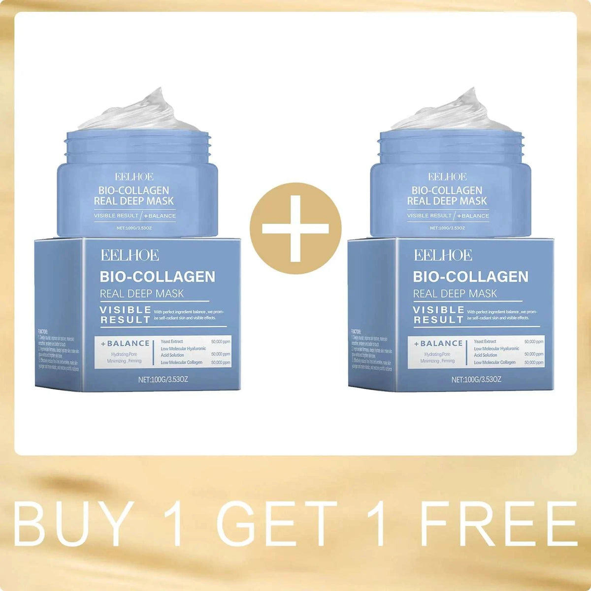 bio collagen face mask blue peel-off facial mask jars and boxes, shown as a buy-one-get-one-free set