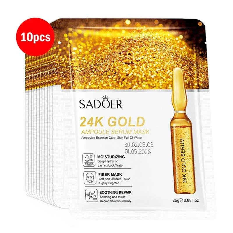 24K Gold Face Mask sachets with golden ampoule serum packaging and 10-piece set label for skincare use