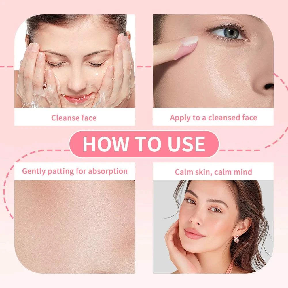 Salmon DNA PDRN Pink Peptide Serum use guide with pink skincare panels showing cleansing and gentle facial application steps