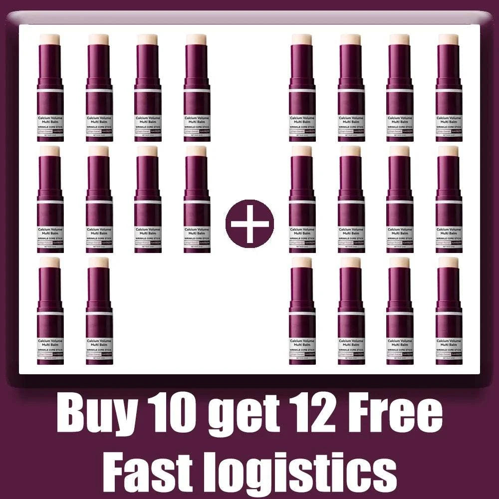 Wrinkle Bounce Moisturizing balm stick multipack in burgundy tubes, featuring a white plus sign and 10+2 offer text.