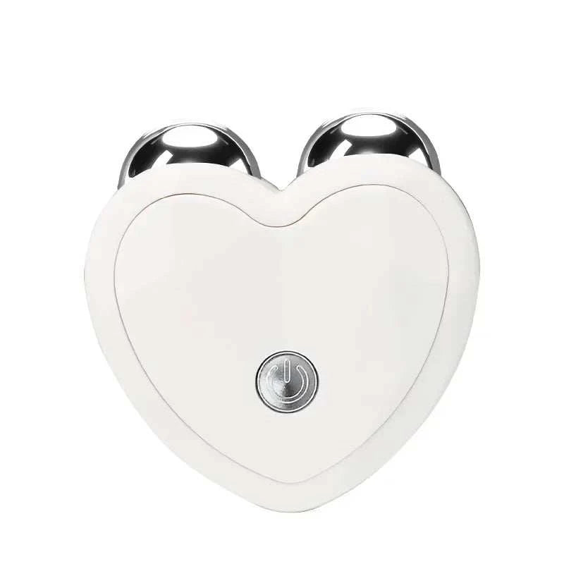 Micro Current Facial Device, white ABS heart-shaped roller with twin chrome massage balls and power button