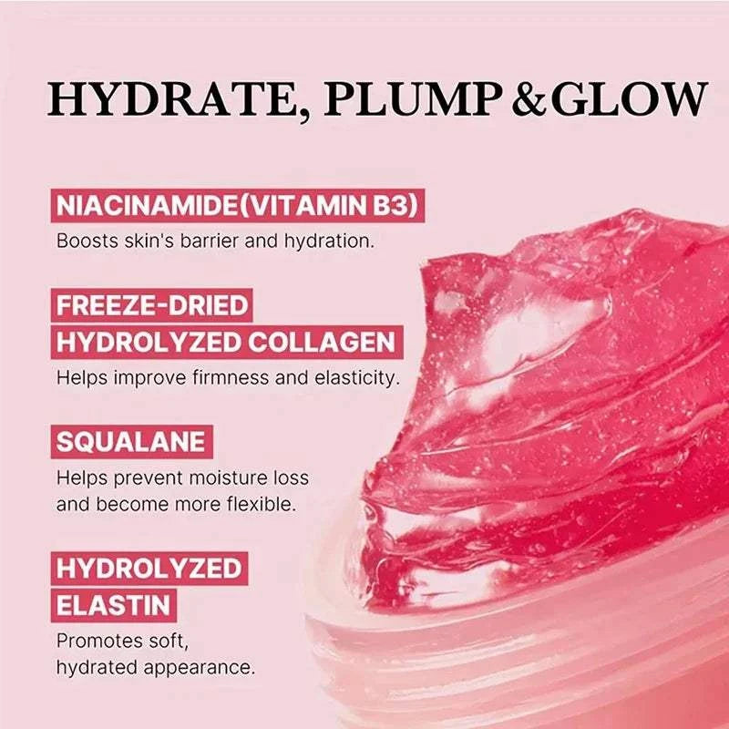 Glow & Lifted Collagen Jelly Cream, translucent pink jelly texture with glossy swirls and hydrating formula details