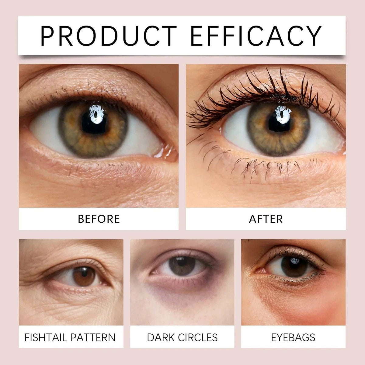 Wrinkle Bounce Moisturizing eye balm efficacy chart showing before-and-after results for fine lines, dark circles, and ey bags