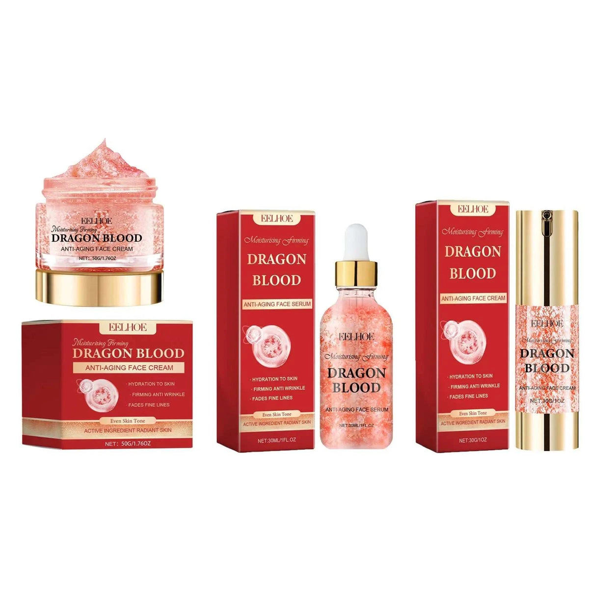 Dragon Blood Skincare Set with red and gold packaging, including face creams, serum, and roller applicator tubes