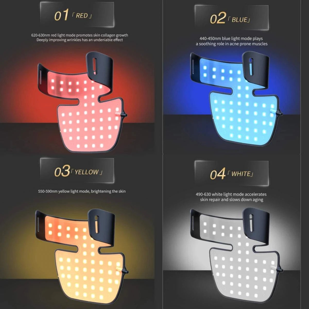 LED Neck Beauty Device in silicone with red, blue, yellow and white LED light modes, wearable design