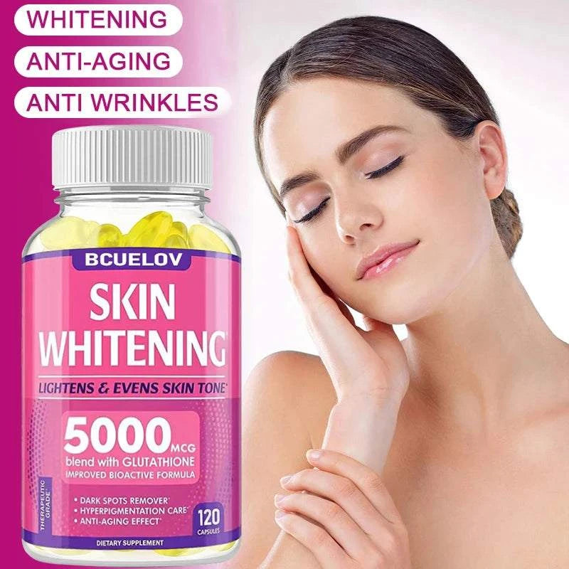 Skin Whitening with L-Glutathione capsules in a pink bottle, 5000mcg strength with 120 capsules and whitening label