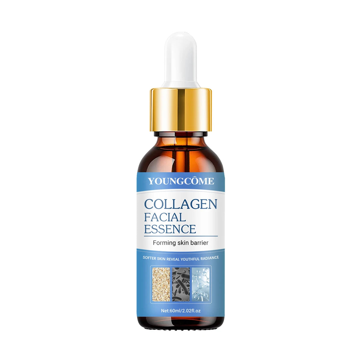 Collagen Face Serum in a brown glass dropper bottle with a gold cap and blue-and-white label, 60ml size