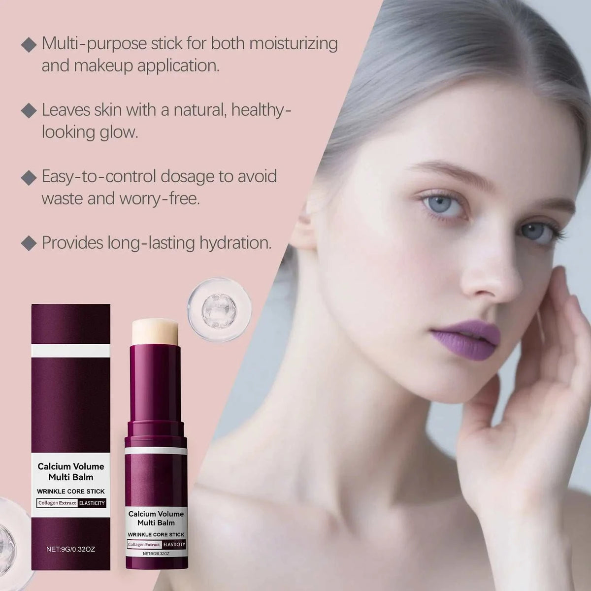 Wrinkle Bounce Moisturizing multi balm stick in a burgundy tube with white labeling and compact design