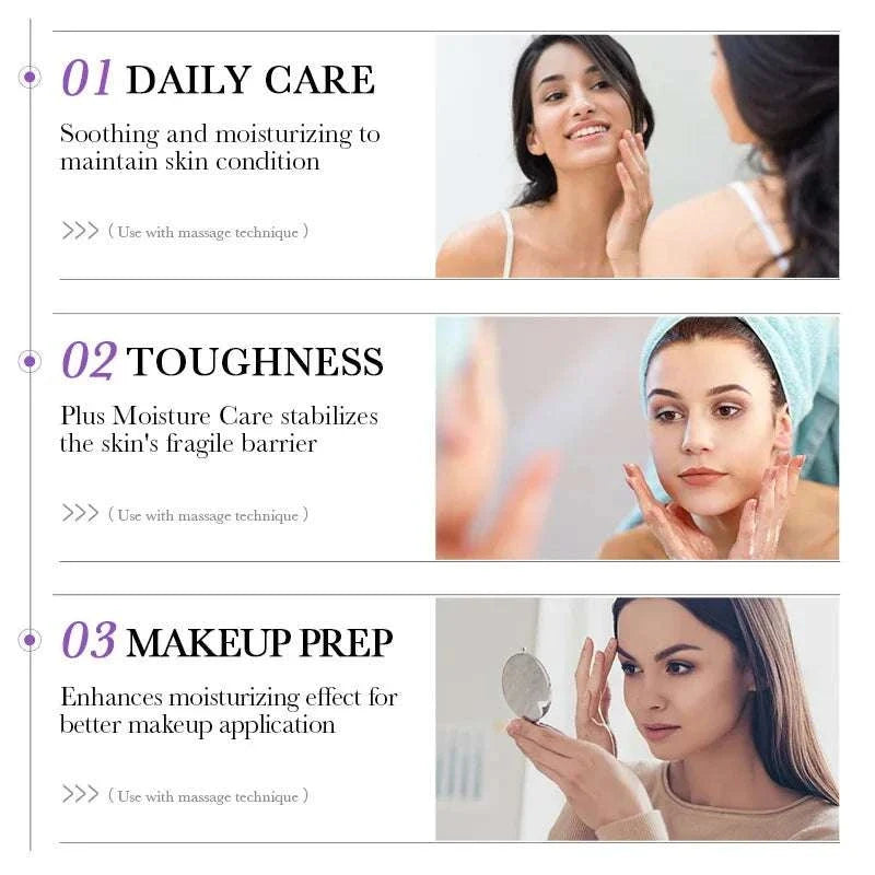 Facial Essence Serum skincare infographic with three panels showing women applying facial moisturizer and makeup prep tips.