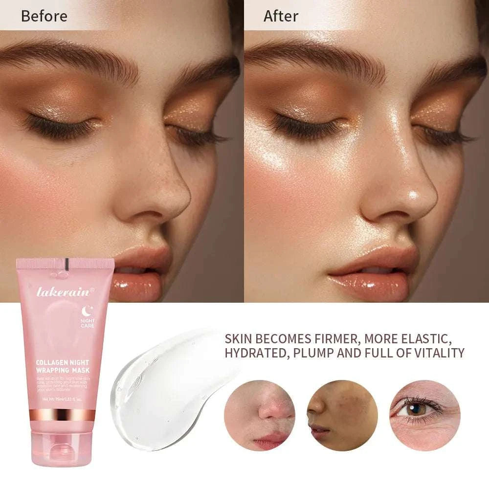 Night Wrapping Mask in a pink tube with collagen night treatment, shown with a clear gel texture and skincare resultsWinvalid