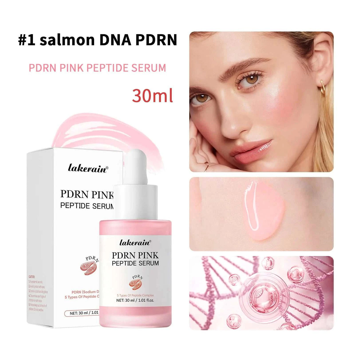 Salmon DNA PDRN Pink Peptide Serum in a pink glass dropper bottle with matching box and lightweight texture