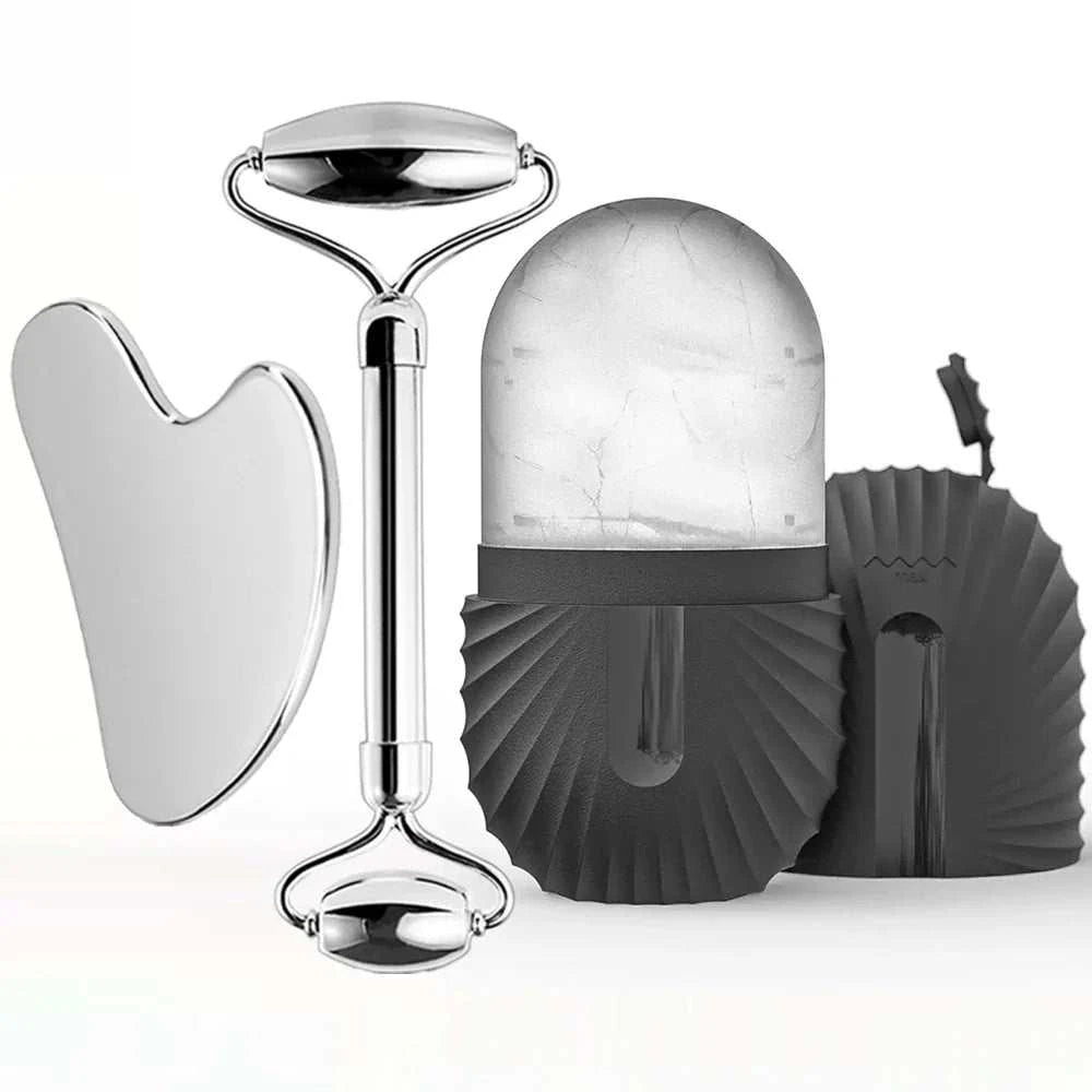 Ice facial roller set with silver stainless steel roller, gua sha tool, and textured cooling ice applicator.