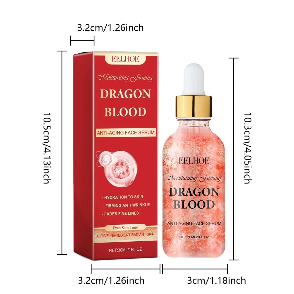 Dragon Blood Skincare Set featuring a pink moisturizing and firming face serum with gold dropper cap and red box