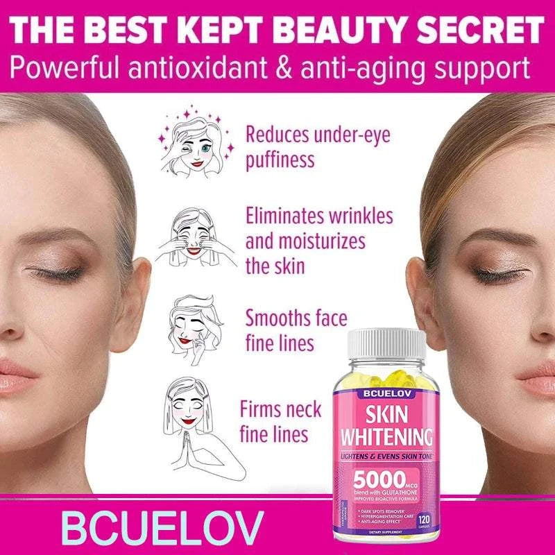Skin Whitening with L-Glutathione capsules in a clear bottle, featuring a pink 5000mg label and silver cap