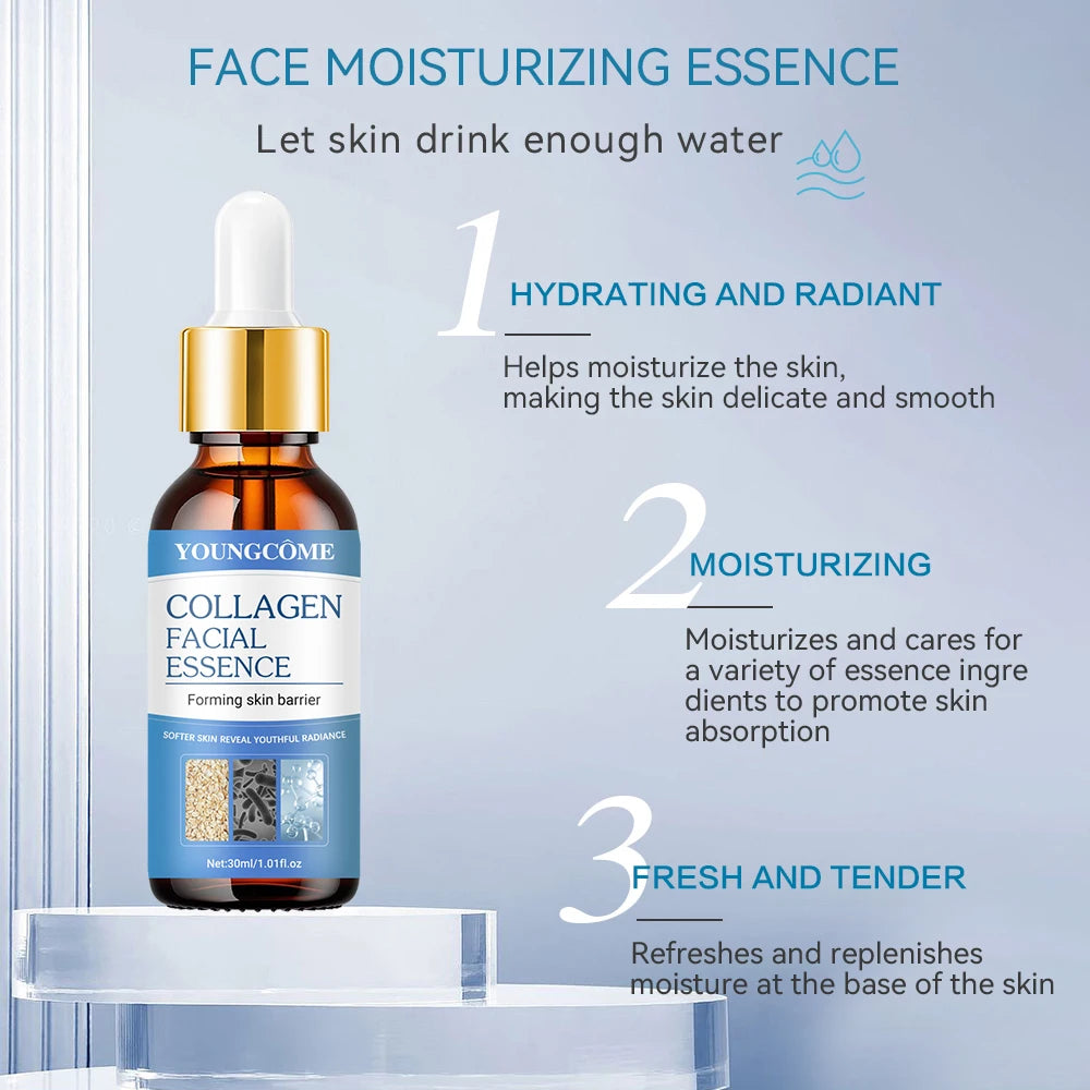 Collagen Face Serum in an amber glass dropper bottle with blue label and gold collar, moisturizing facial essence