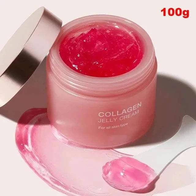 Glow & Lifted Collagen Jelly Cream in a pink jar, featuring glossy translucent jelly texture and 100g size