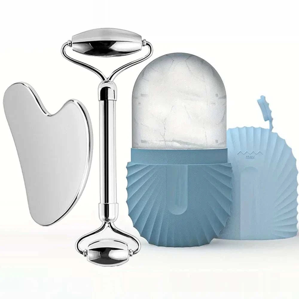 Ice facial roller set with stainless steel roller, gua sha tool, and blue reusable cooling ice mold container