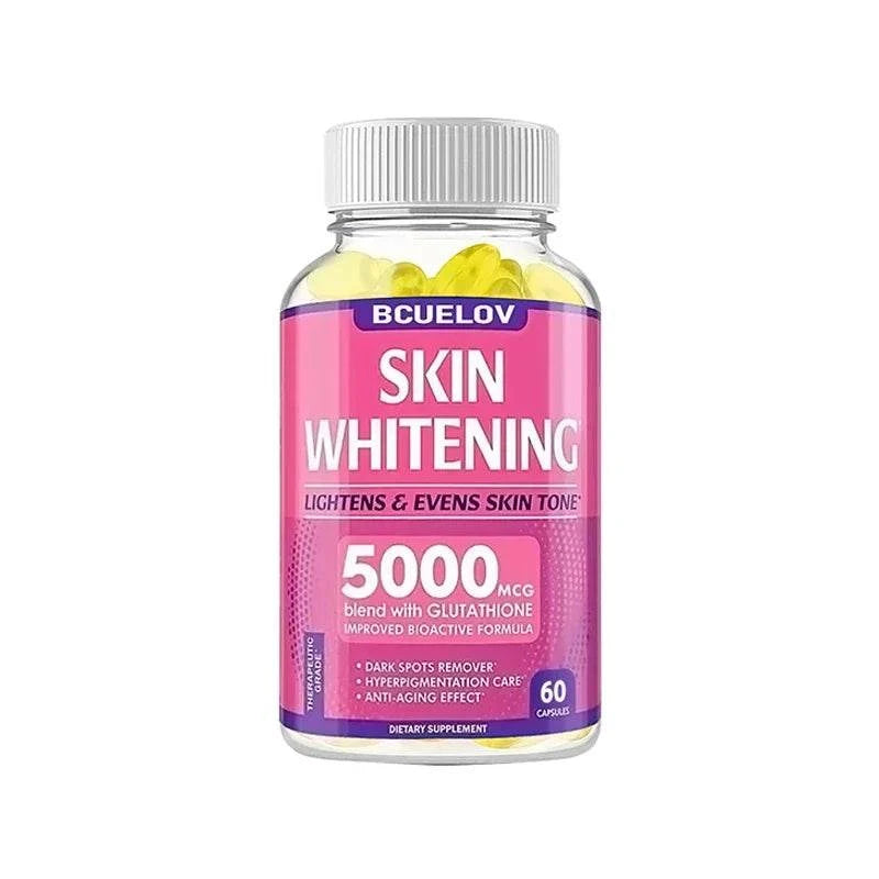 Skin Whitening with L-Glutathione capsules in a clear bottle with pink label, 5000mcg strength and 60 capsules