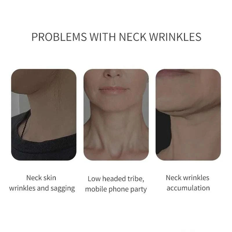 LED Neck Beauty Device graphic showing three neck wrinkle examples with sagging skin and horizontal crease accumulation