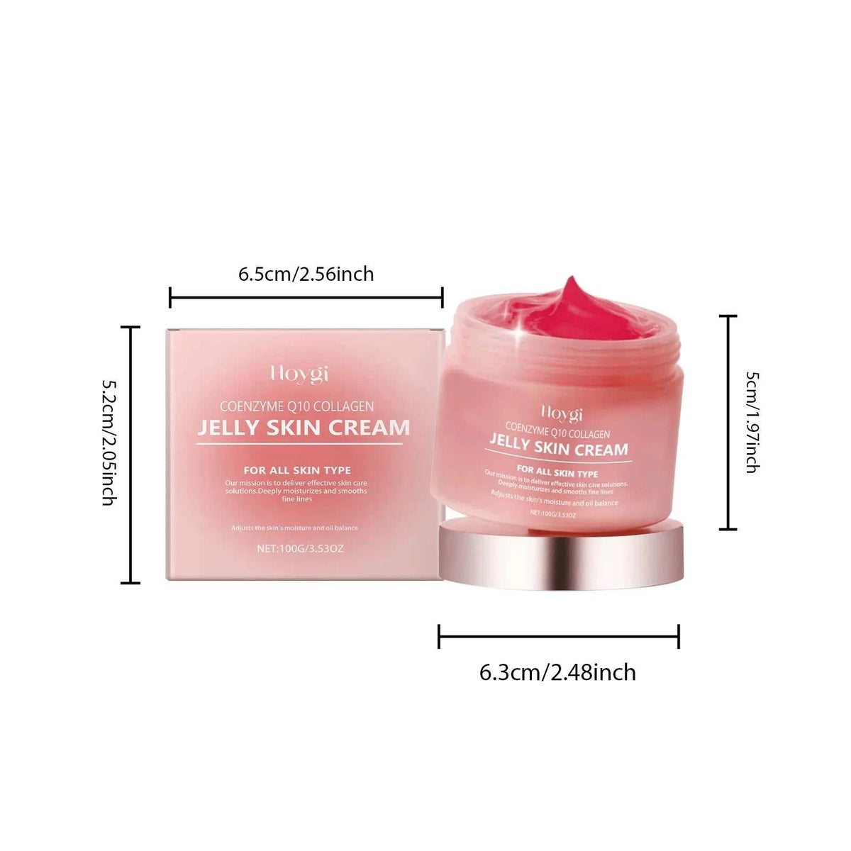 Collagen Jelly Cream in a pink jar and matching box, with a smooth jelly texture and rose-gold lid