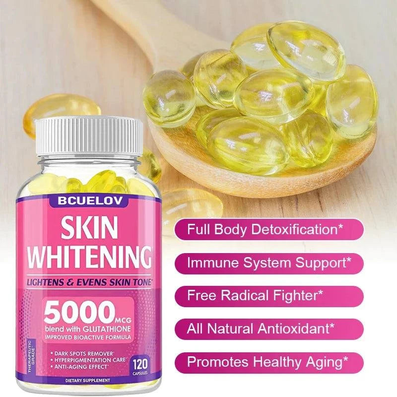 Skin Whitening with L-Glutathione capsules in a pink bottle, 5000 mcg strength with yellow softgels visible