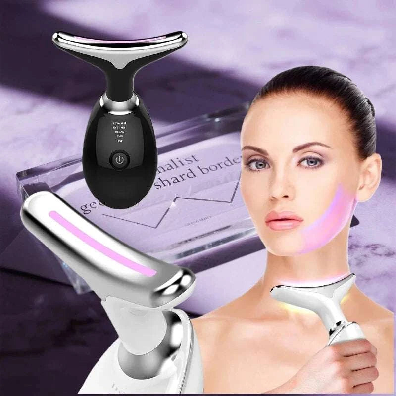 Face Neck Lift beauty device in black and silver acrylic, featuring handheld EMS massage and LED light therapy heads