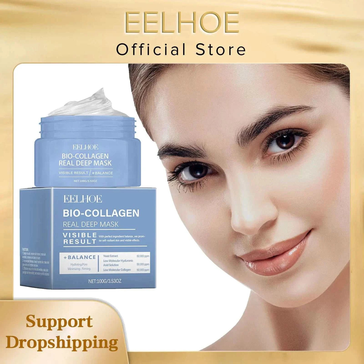 bio collagen face mask in blue jar and box, featuring a peel-off formula for facial cleansing and hydration