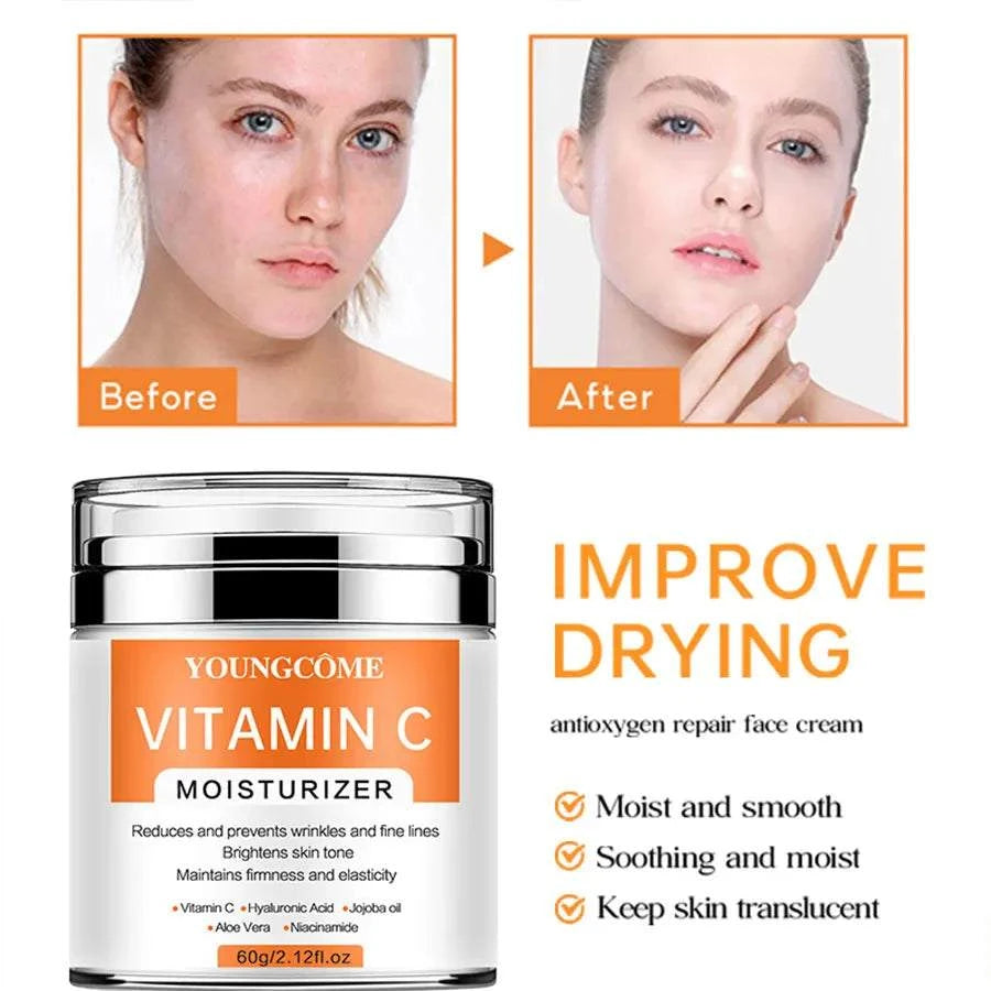 Vitamin C Face Cream in a silver jar with orange label, creamy moisturizer for brightening and smoothing skin