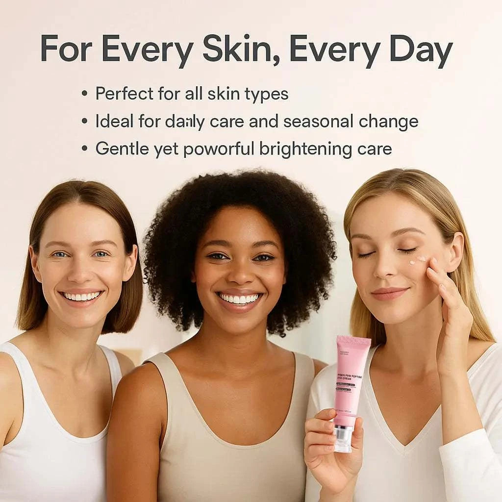 PDRN Pink Peptide Eye Cream in a pink tube, shown with diverse women for daily skincare and brightening care