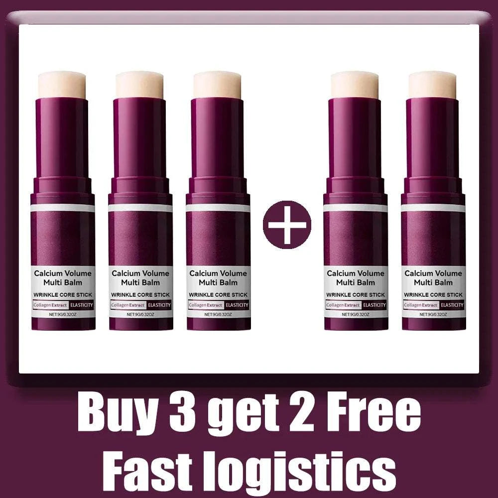 Wrinkle Bounce Moisturizing balm sticks in burgundy packaging, featuring a portable twist-up design and cream caps.