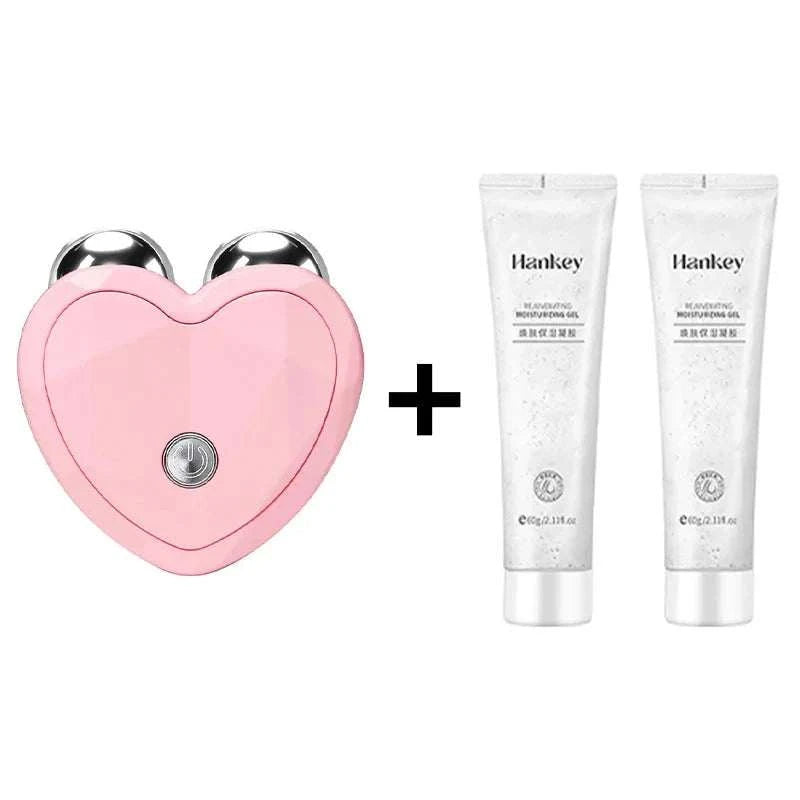 Microcurrent Face Beauty Instrument in pink heart shape with silver massage heads, plus two white skincare gel tubes