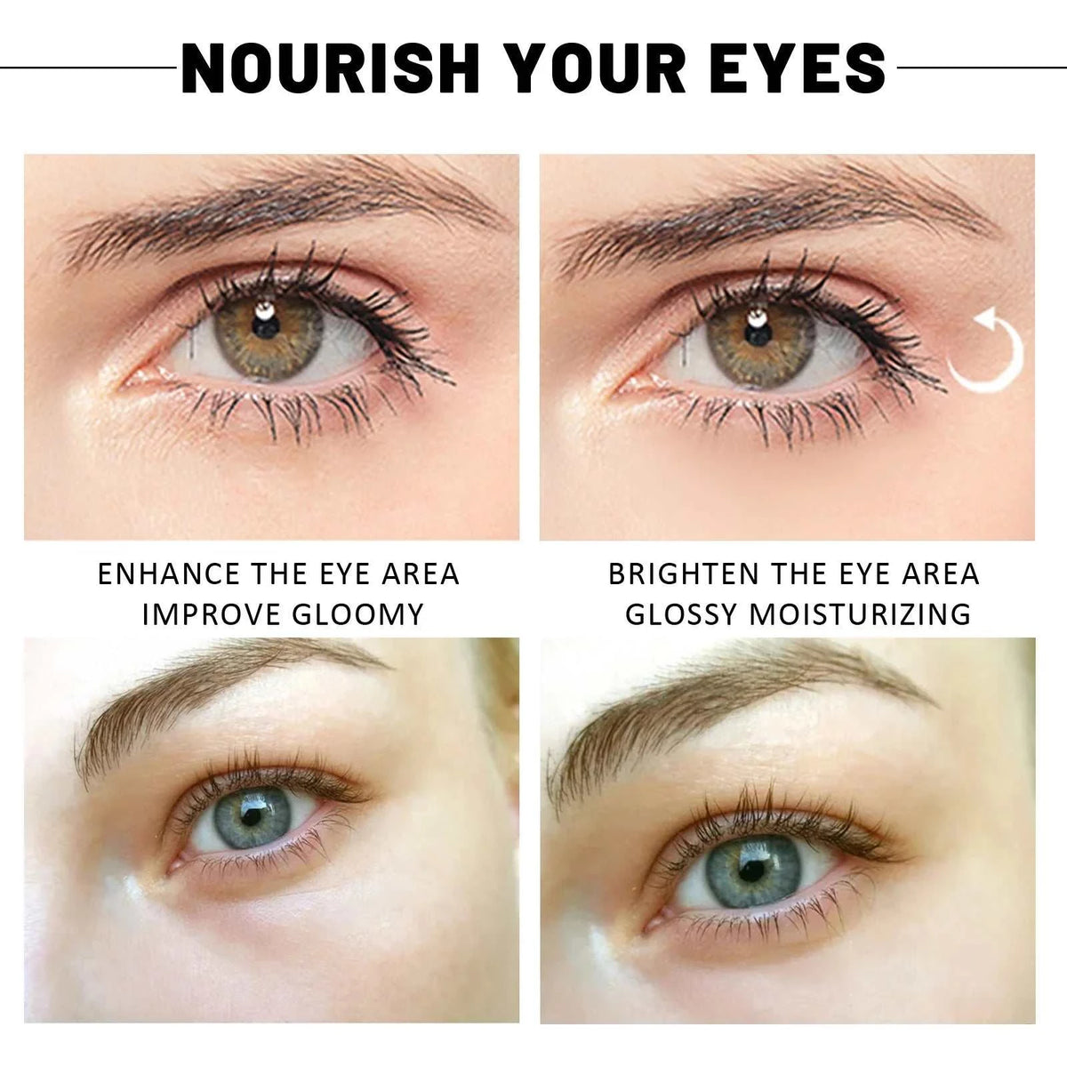 60PCS 24K Gold Eye Mask patches shown with before-and-after eyes, featuring glossy moisturizing and brightening care benefits