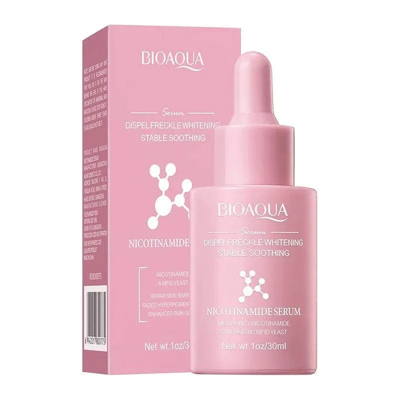 Pink glass Facial Essence Serum bottle with a dropper and matching box, labeled BIOAQUA niacinamide serum.