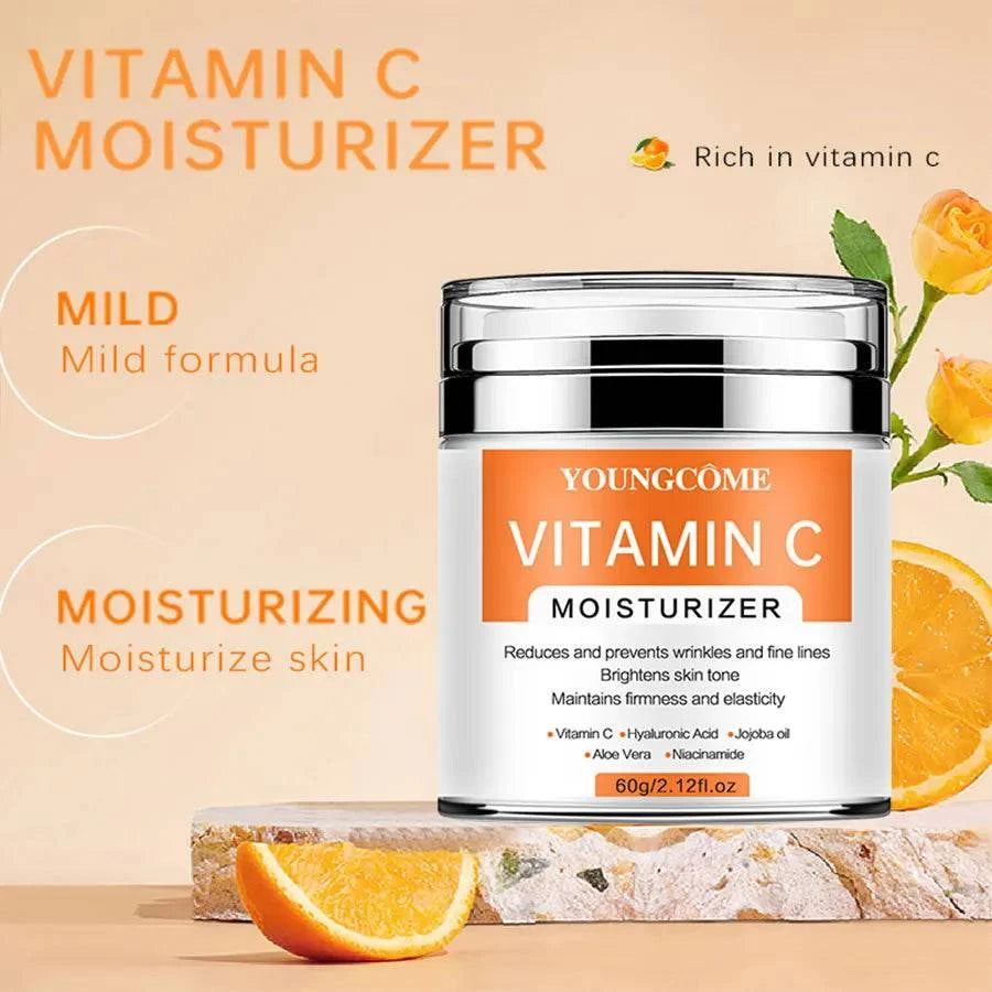 Vitamin C Face Cream in a white jar with orange label, moisturizing formula and citrus-themed design