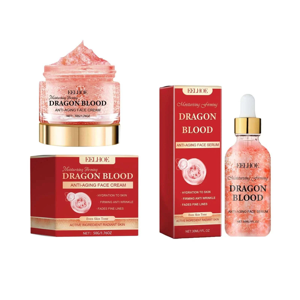 Dragon Blood Skincare Set with pink dragon blood cream, serum bottle and red anti-aging packaging