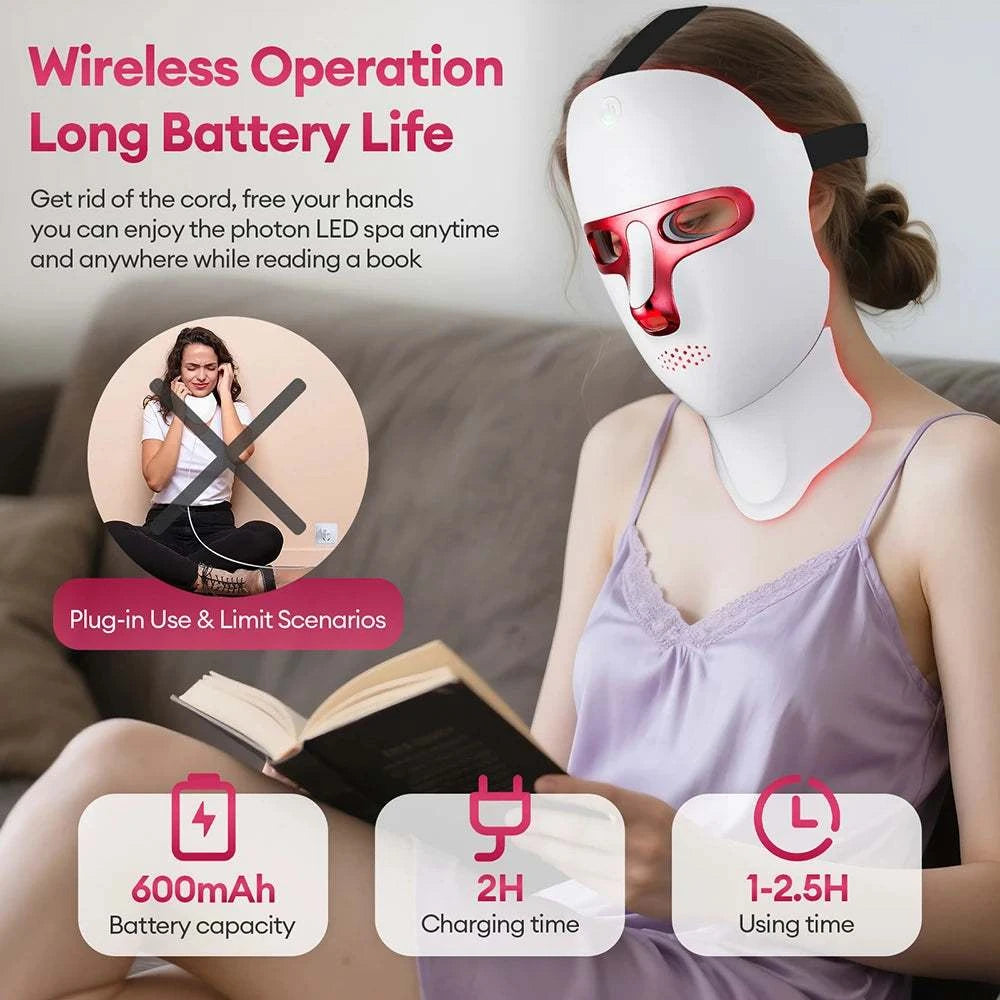 LED Face Neck Mask in white, featuring red-trimmed eye openings, nose and neck coverage, and a head strap
