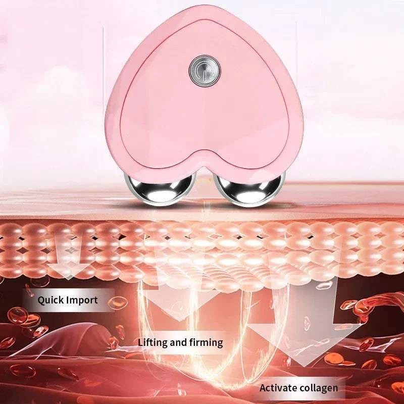 Micro Current Facial Device in pink ABS with dual chrome rollers for lifting, firming and facial massage