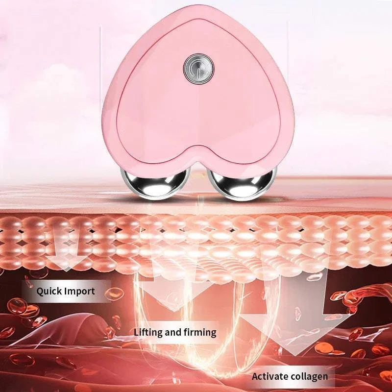 Microcurrent Face Beauty Instrument in pink with dual metal massage spheres and heart-shaped ergonomic design