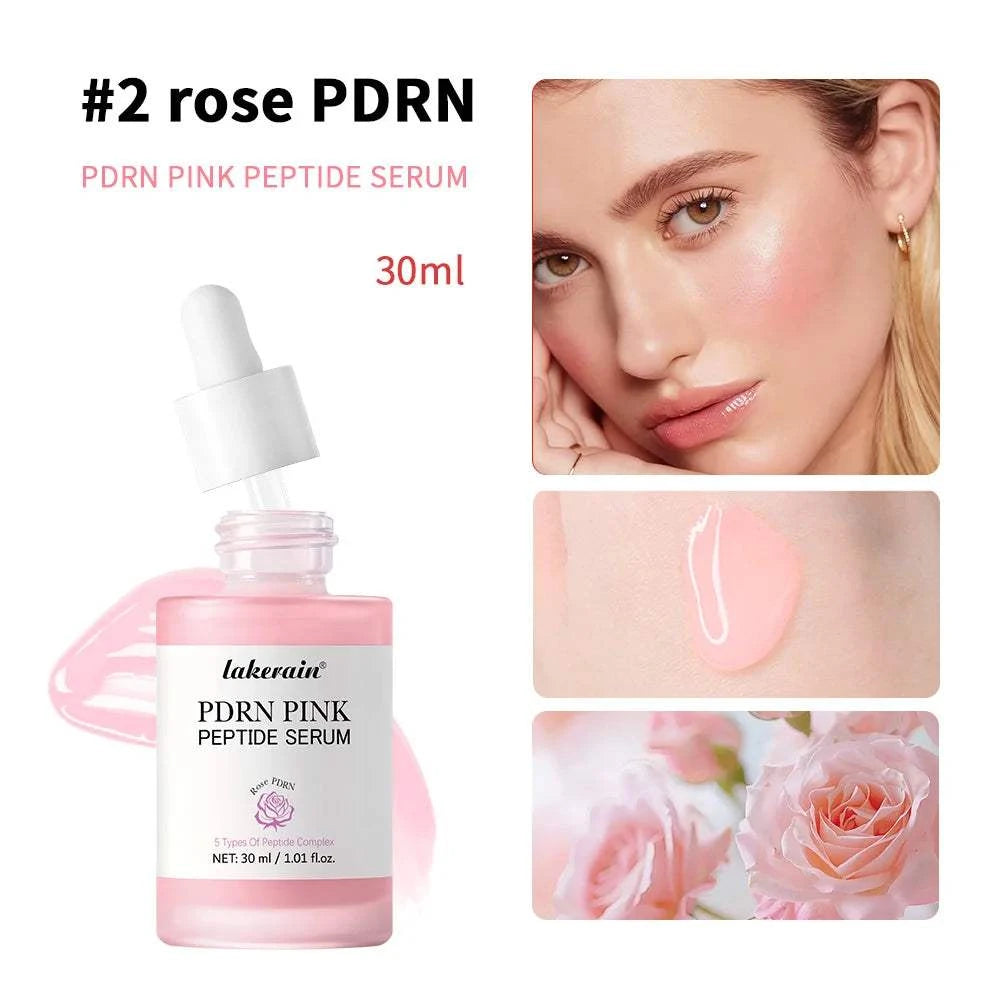 Salmon DNA PDRN Pink Peptide Serum in a pink glass dropper bottle, 30ml with lightweight pink texture.