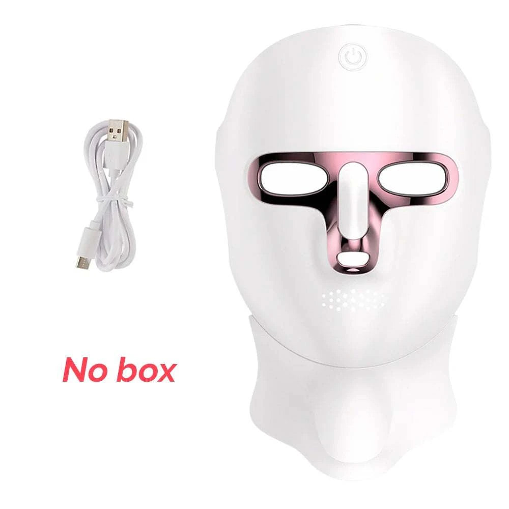 LED Face Neck Mask in white plastic with pink trim, eye openings, nose bridge, and attached neck section for skincare treatments