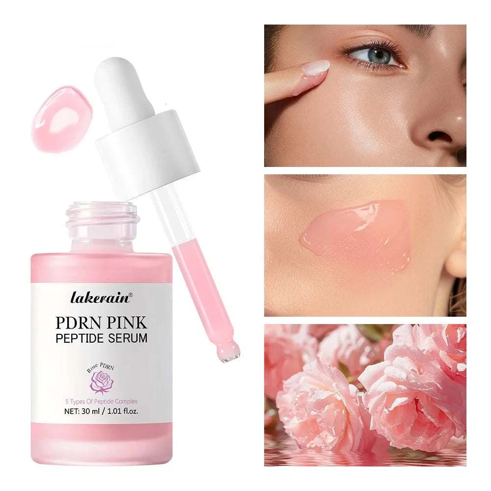 Salmon DNA PDRN Pink Peptide Serum in a clear bottle with pink serum and white dropper applicator