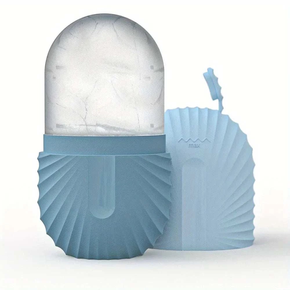 ice facial roller set in pale blue silicone, featuring a domed ice roller and matching textured gua sha tool