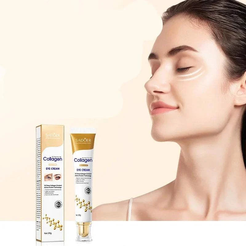 Collagen eye cream in a white and gold tube with matching box, featuring collagen skincare branding and eye imagery